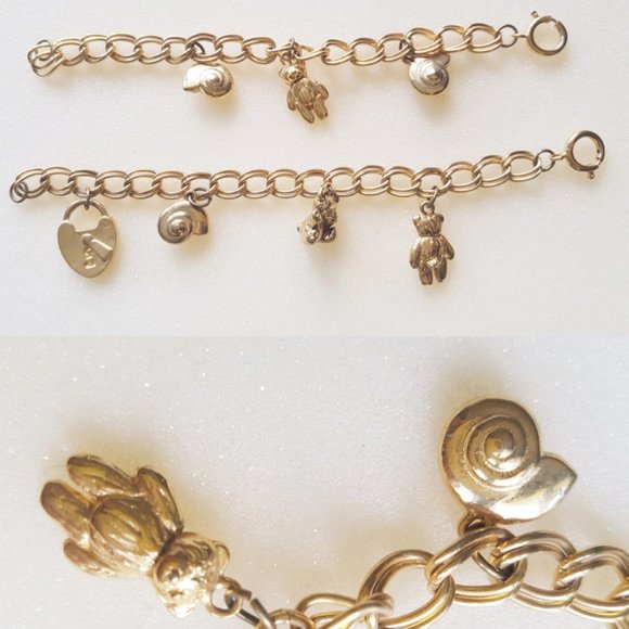 🐻 2 x 90s gold tone Charm Bracelets Teddy Shells - Picture 2 of 7